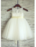 Ivory Lace Tulle Short Flower Girl Dress With Champagne Sash